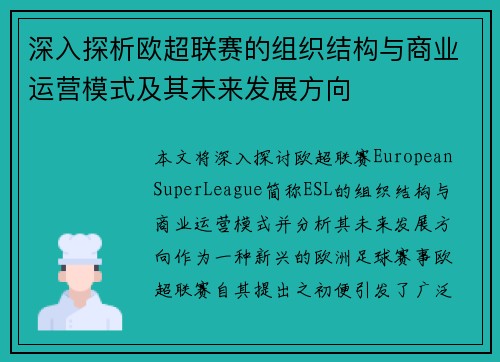深入探析欧超联赛的组织结构与商业运营模式及其未来发展方向